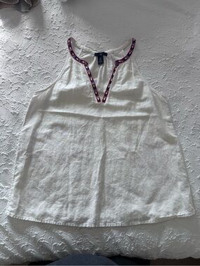 GAP White Linen blend Tank with Red & Blue Trim